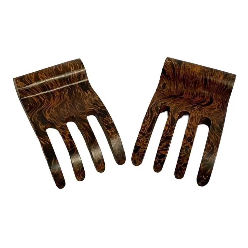 Salad Hands Servers Set of 2 Brown Burl Wood Grain Finish
